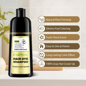 Farndu being applied to wet hair, showing simple 20-minute home use benefit