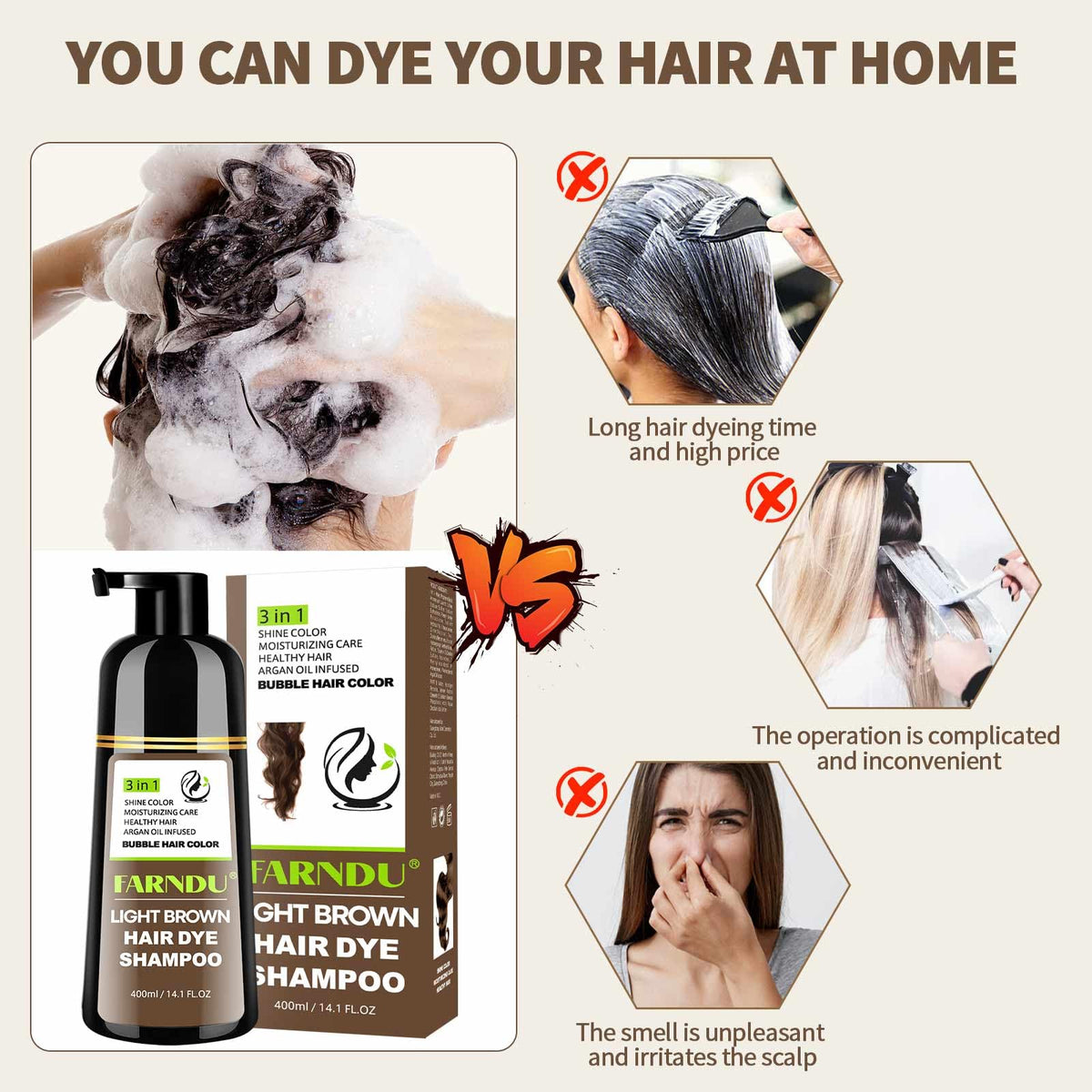 Applying Farndu shampoo to wet hair showing simple at-home use