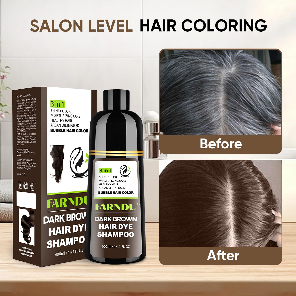 Farndu before and after comparison showing gray coverage and natural tone