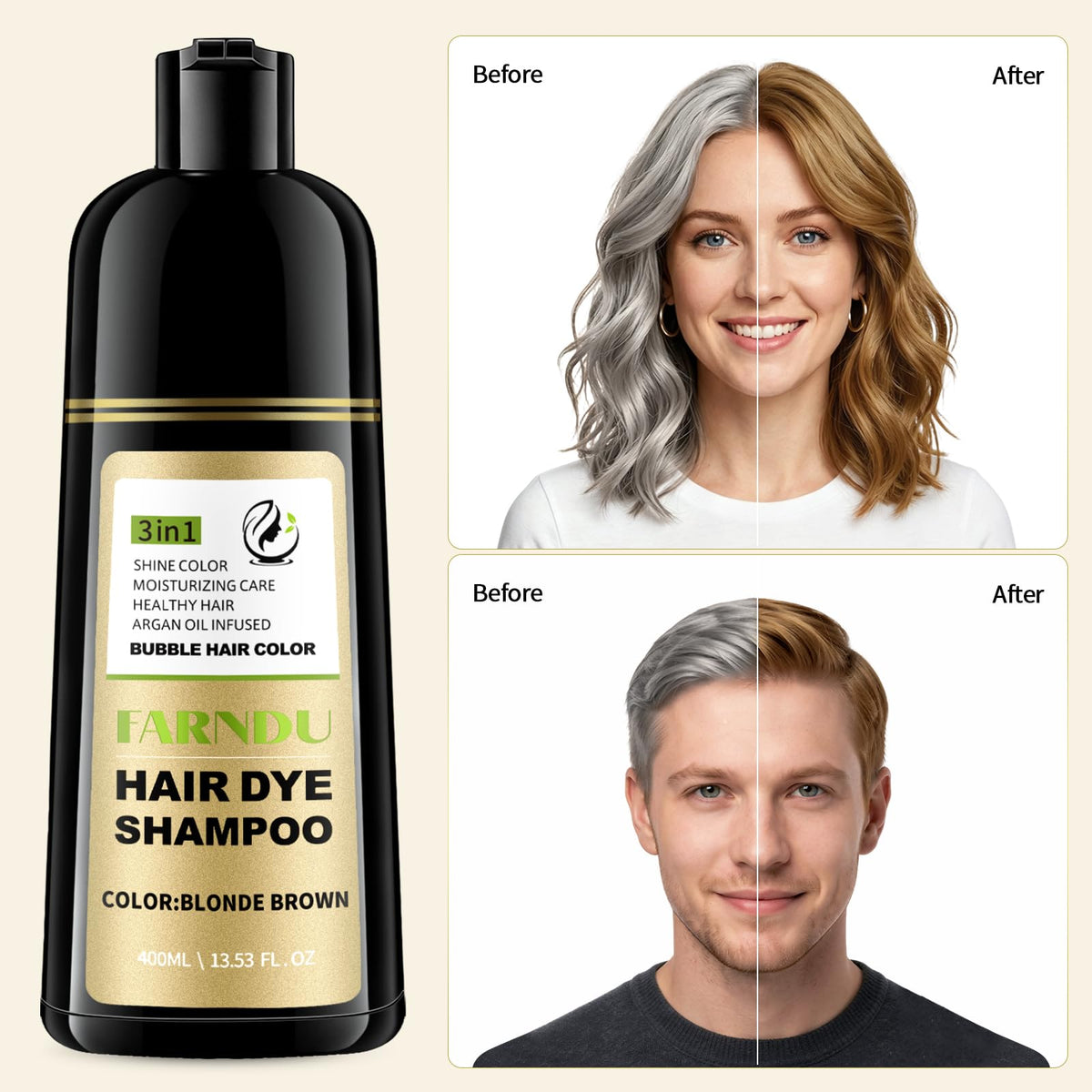farndu before and after comparison illustrating gray coverage and natural-looking color benefit