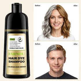 farndu before and after comparison illustrating gray coverage and natural-looking color benefit