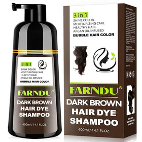 Farndu front pack showing dark brown shampoo and benefit of quick color