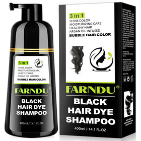 Farndu front packaging showing bottle and black shampoo benefits