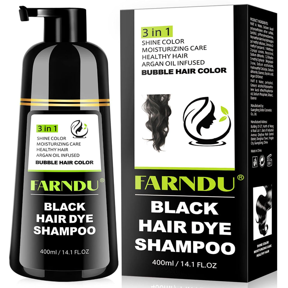 Farndu front packaging showing bottle and black shampoo benefits