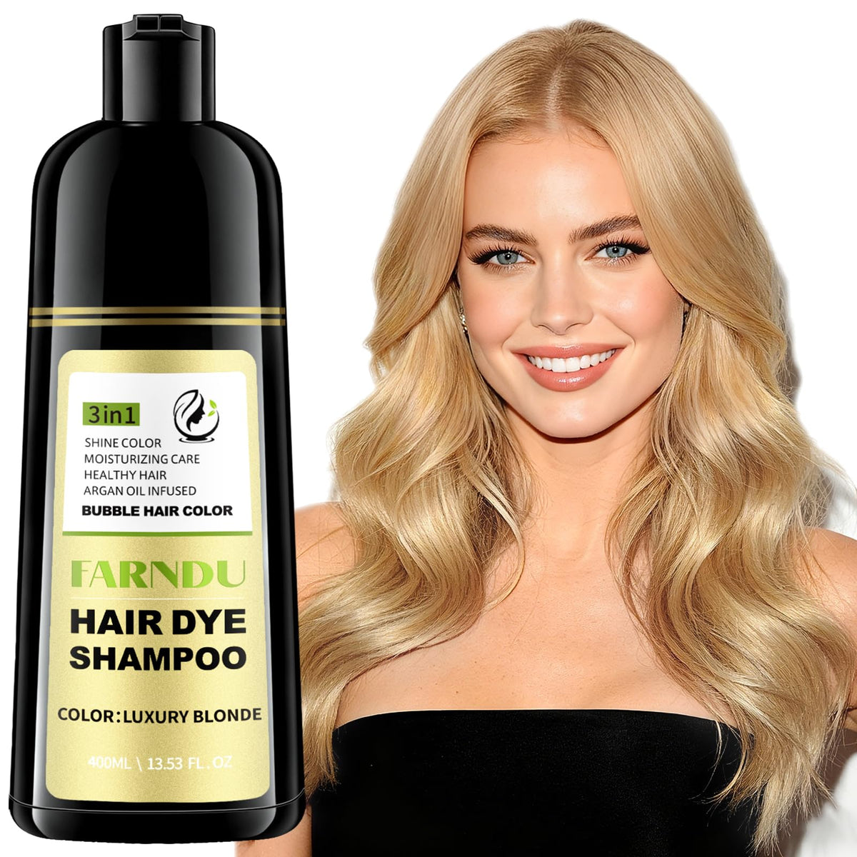 Farndu front packaging showing bottle and brand, highlights easy gray coverage