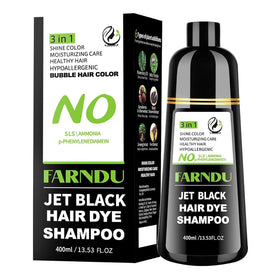 Farndu front packaging showing jet black shampoo for easy gray coverage