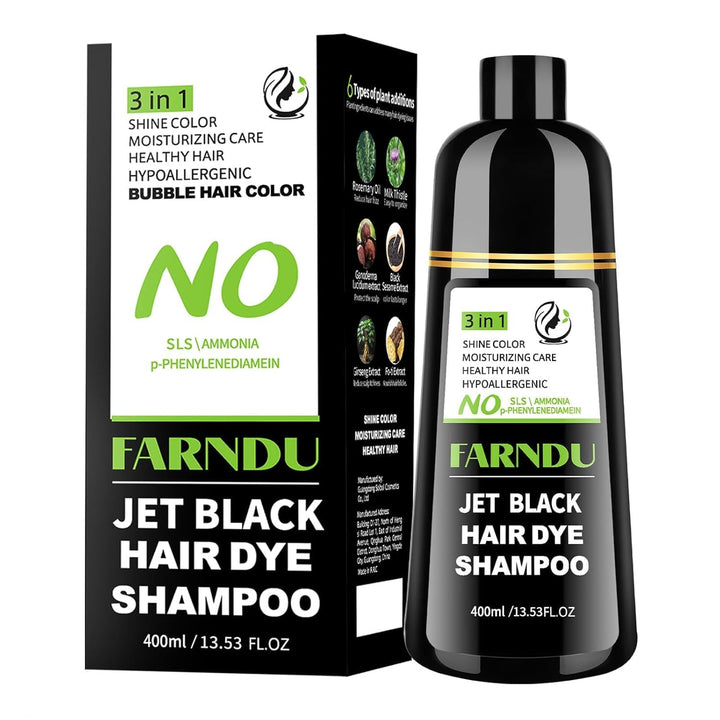 Farndu front packaging showing jet black shampoo for easy gray coverage