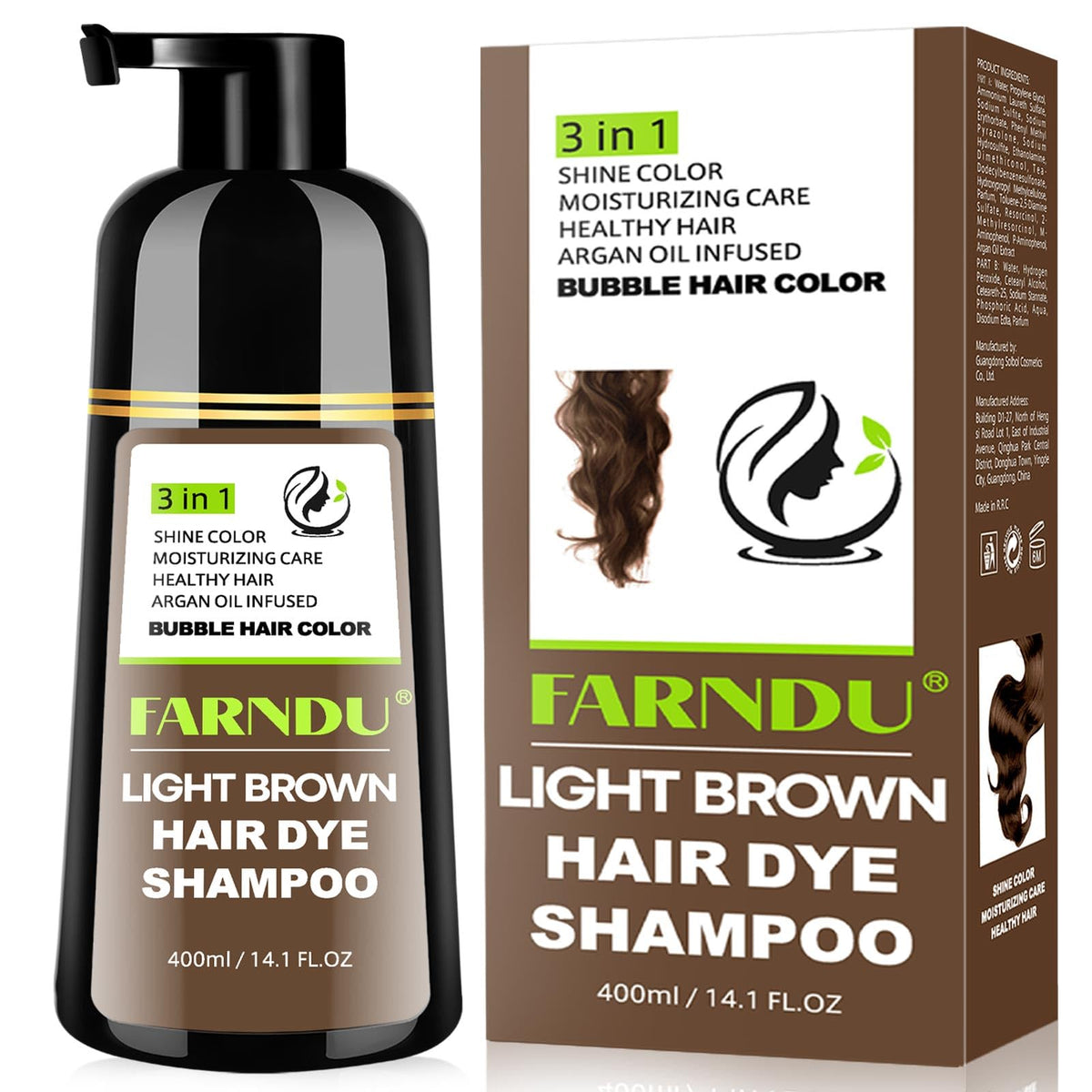 Farndu front packaging showing light brown shade and easy-use benefits
