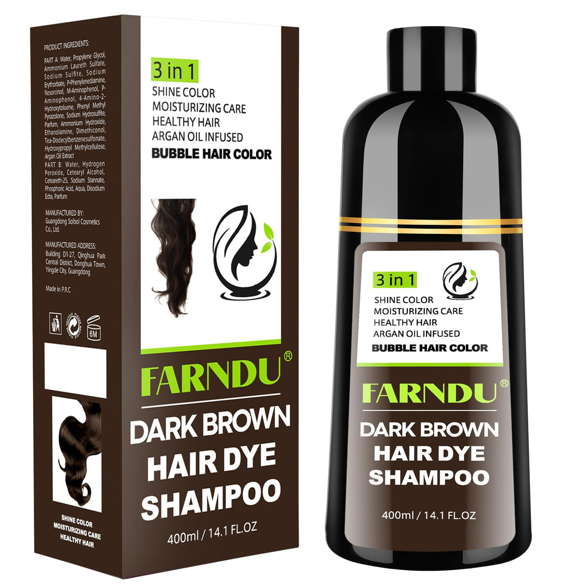 Farndu front packaging showing dark brown shampoo bottle and benefits