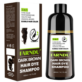 Farndu front packaging showing dark brown shampoo bottle and benefits