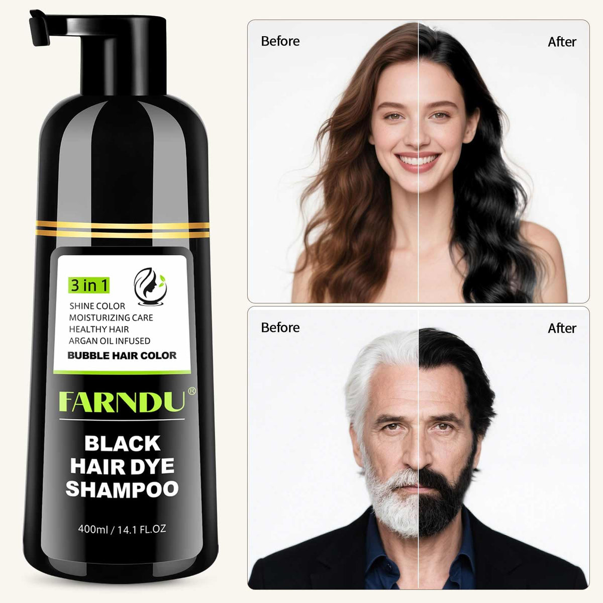 Farndu applied to hair in shower showing easy-at-home use benefit