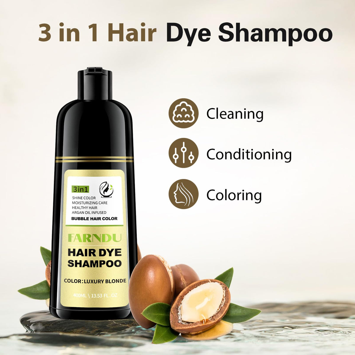 Arrangement of botanicals beside Farndu, highlights argan oil and ginseng nourishment