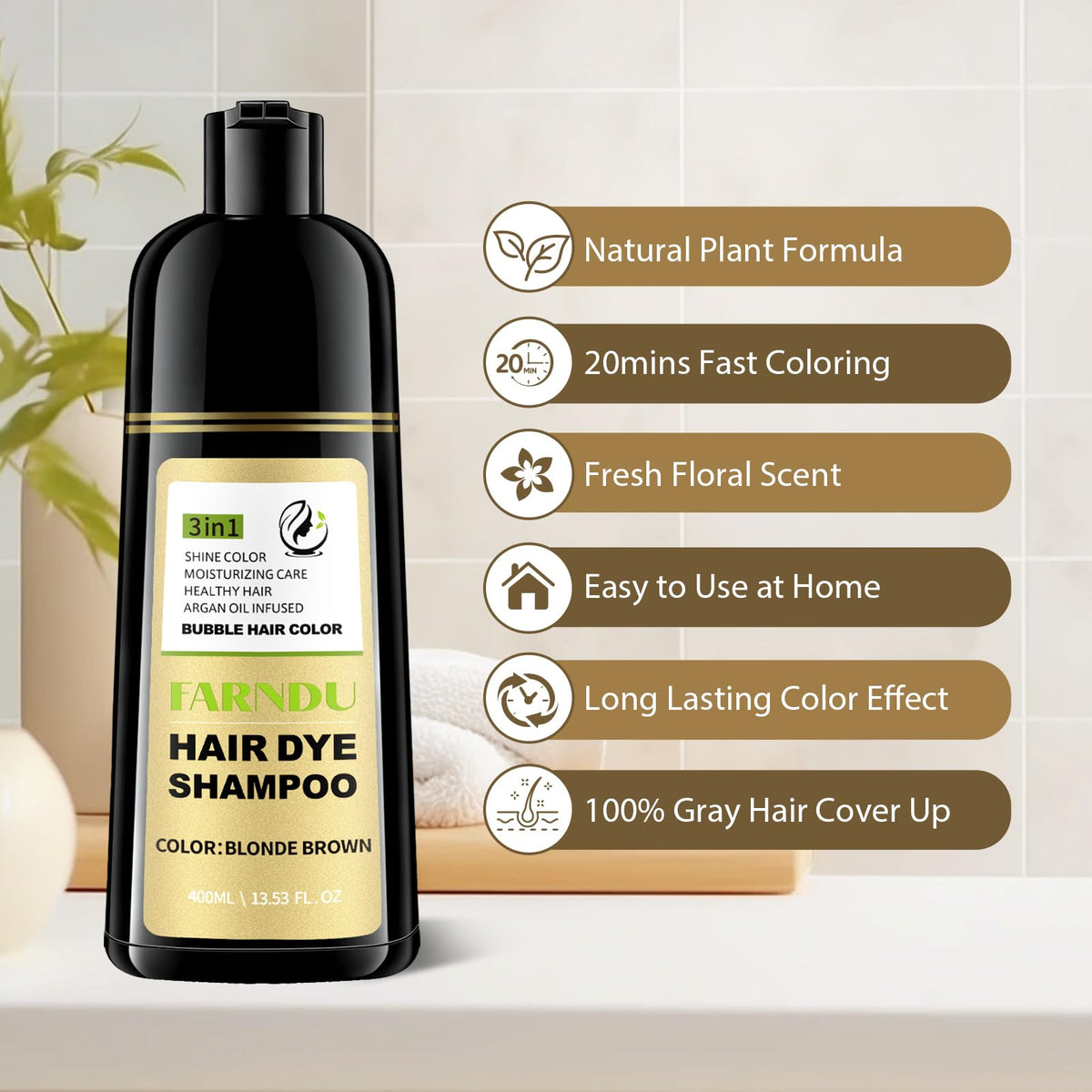 Person applying Farndu shampoo in shower for simple 20-minute color application