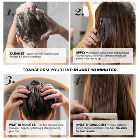 Fashion Gold application in shower on towel-dried hair, illustrates easy 10-minute use