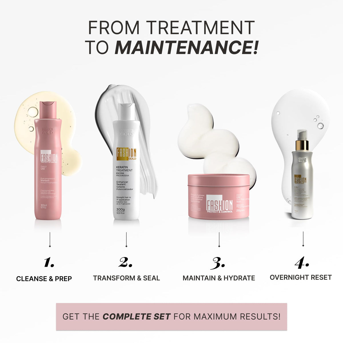 Fashion Gold bottle on bathroom shelf conveying salon-at-home benefit