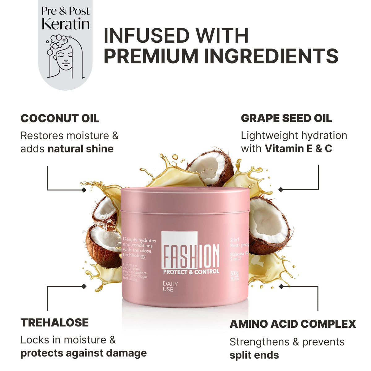 Fashion Gold label detail showing ingredients and usage, assures post-keratin compatibility