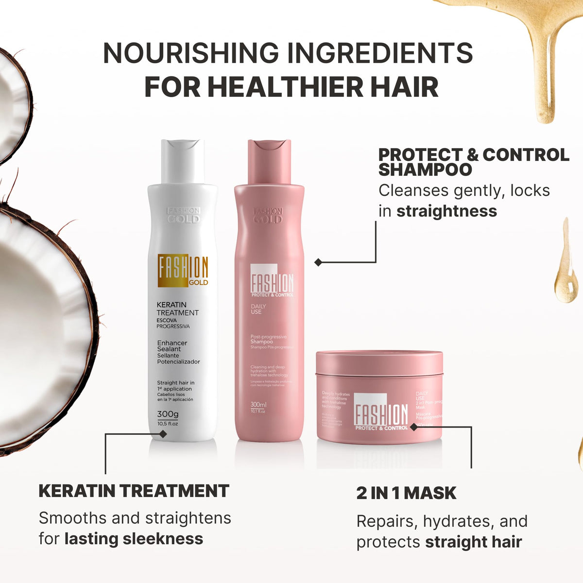 Fashion Gold before-and-after hair strand demonstrating reduced frizz and shine