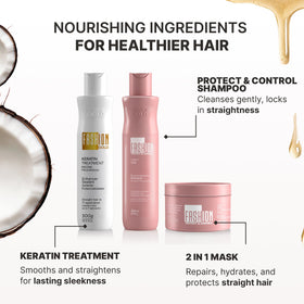 Fashion Gold before-and-after hair strand demonstrating reduced frizz and shine
