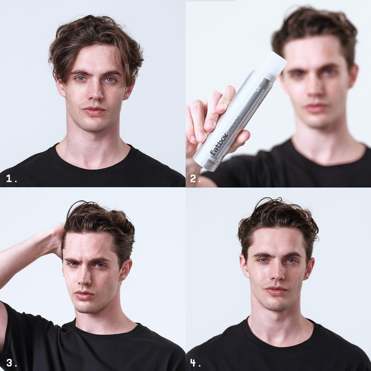 Fatboy Hair in use on male model creating tousled volume and sculpted shape with heavy hold