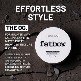 Fatboy Hair open jar showing creamy putty texture for easy application benefit