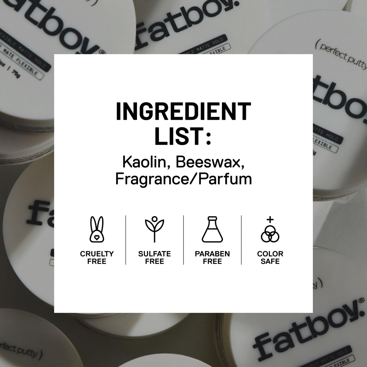 Fatboy Hair recyclable packaging label promoting eco-conscious styling benefit