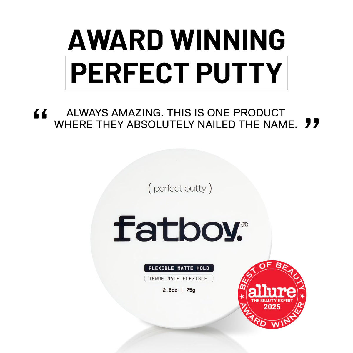 Fatboy Hair jar next to coin showing 2.6 oz scale and travel-friendly benefit