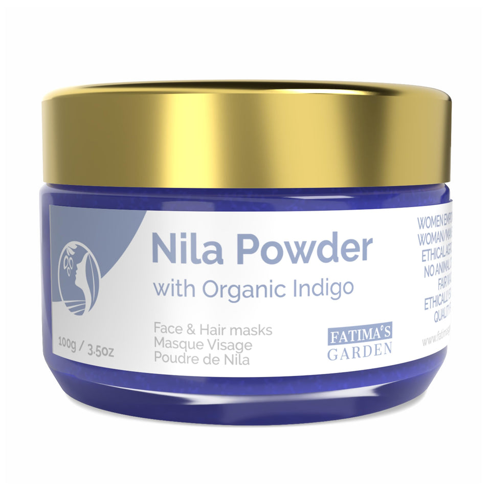 Fatima's Garden front packaging showing 100g Nila powder and Moroccan branding benefit purity