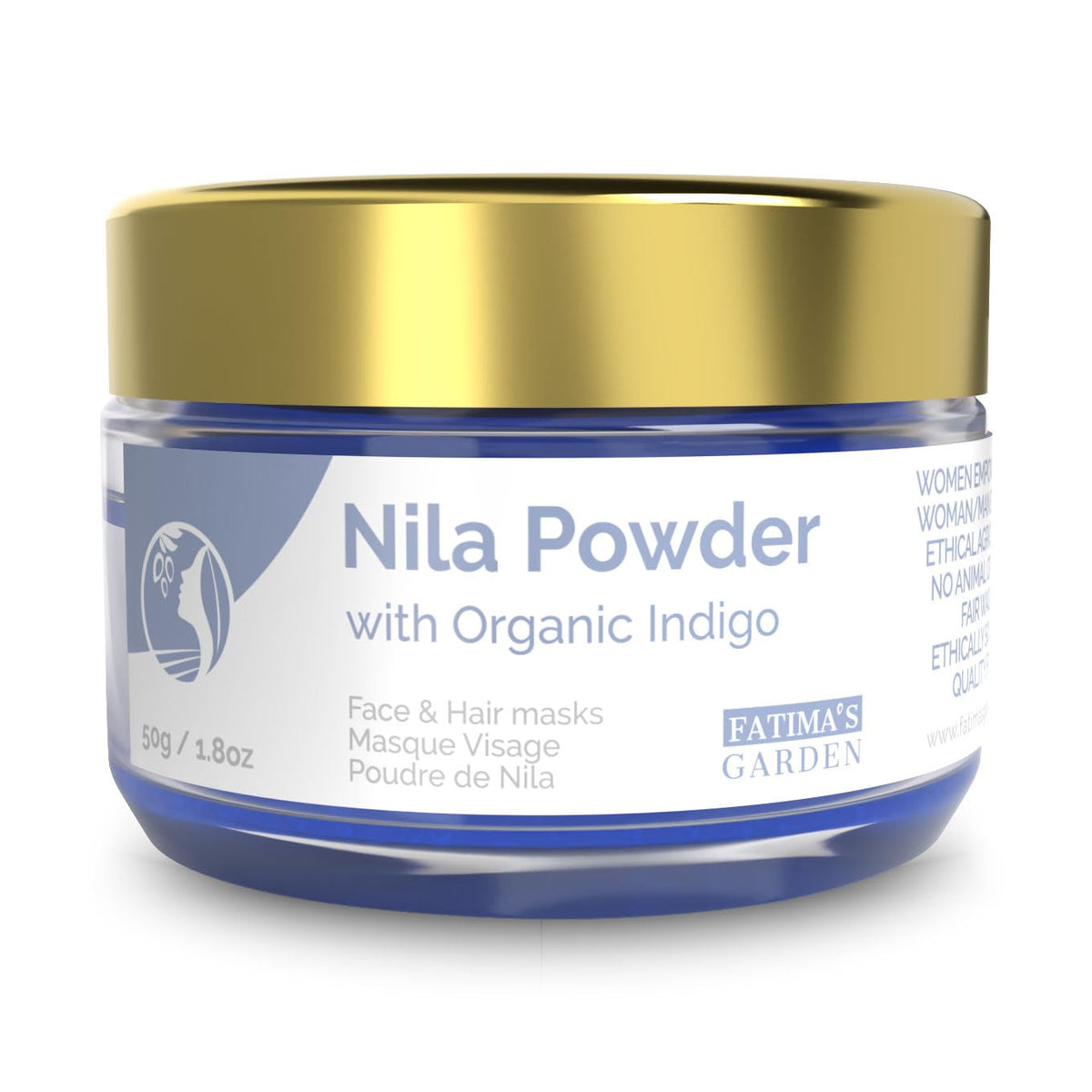 Fatima's Garden front packaging showing natural nila powder and label benefits