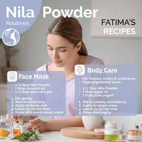Fatima's Garden flatlay with nila powder and complementary natural ingredients