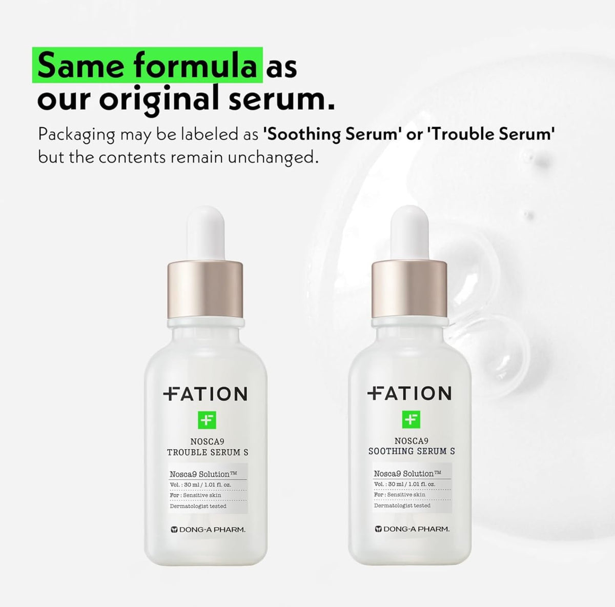 Fation NOSCA9 dropper dispensing serum texture, fast absorption benefit