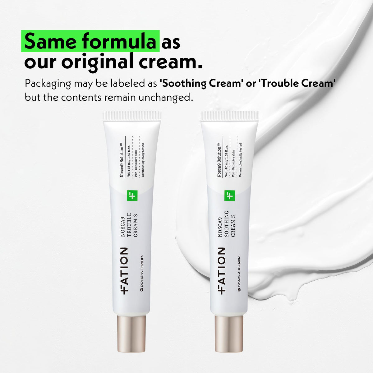 Fation NOSCA9 cream dispensed from jar highlighting quick-absorbing finish and coverage