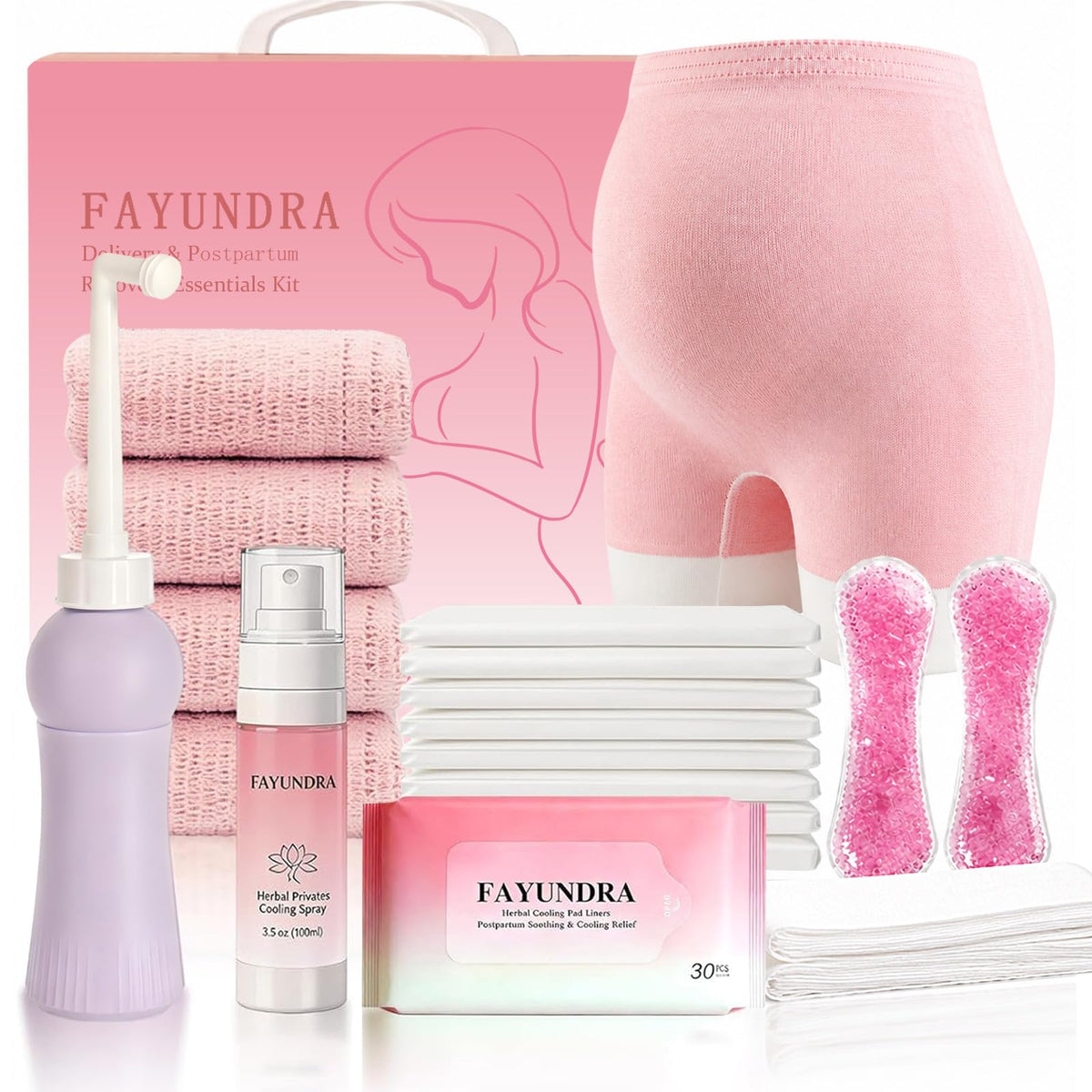 FAYUNDRA front view of postpartum kit showing full contents for quick packing