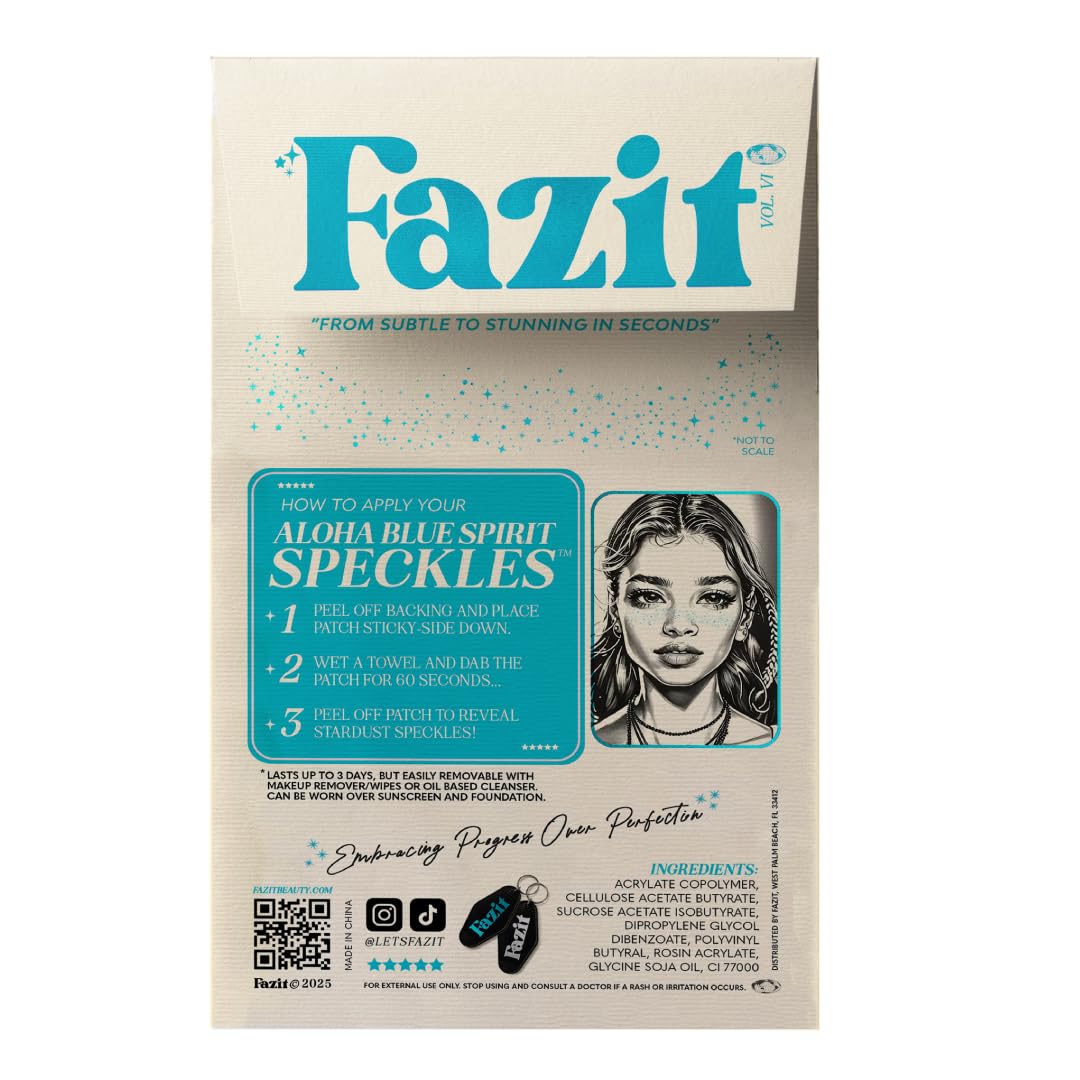 Fazit close-up of blue speckle texture highlighting shimmer and smooth adhesive finish benefit: precise sparkle