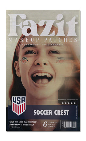 Fazit front packaging showing six glitter crest patches for easy fan application and pride
