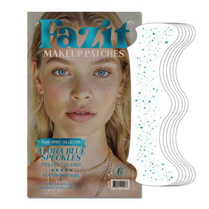 Fazit front packaging showing six glitter freckle patches and vibrant blue speckles benefit: easy selection