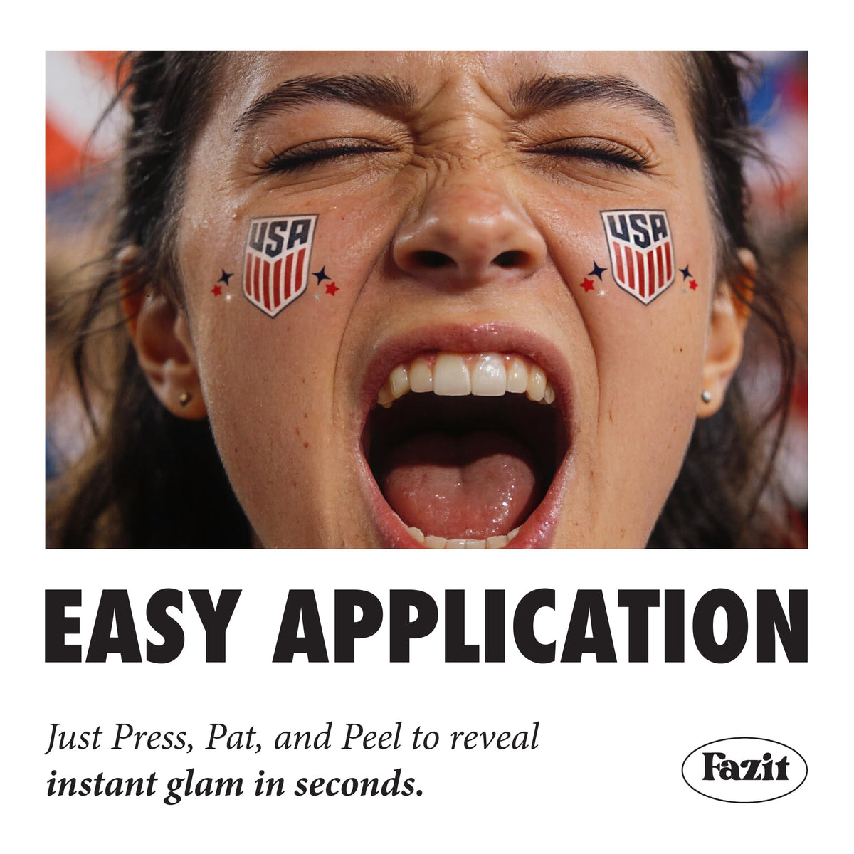 Fazit patch applied on cheek at stadium illustrating waterproof and sweat-proof hold