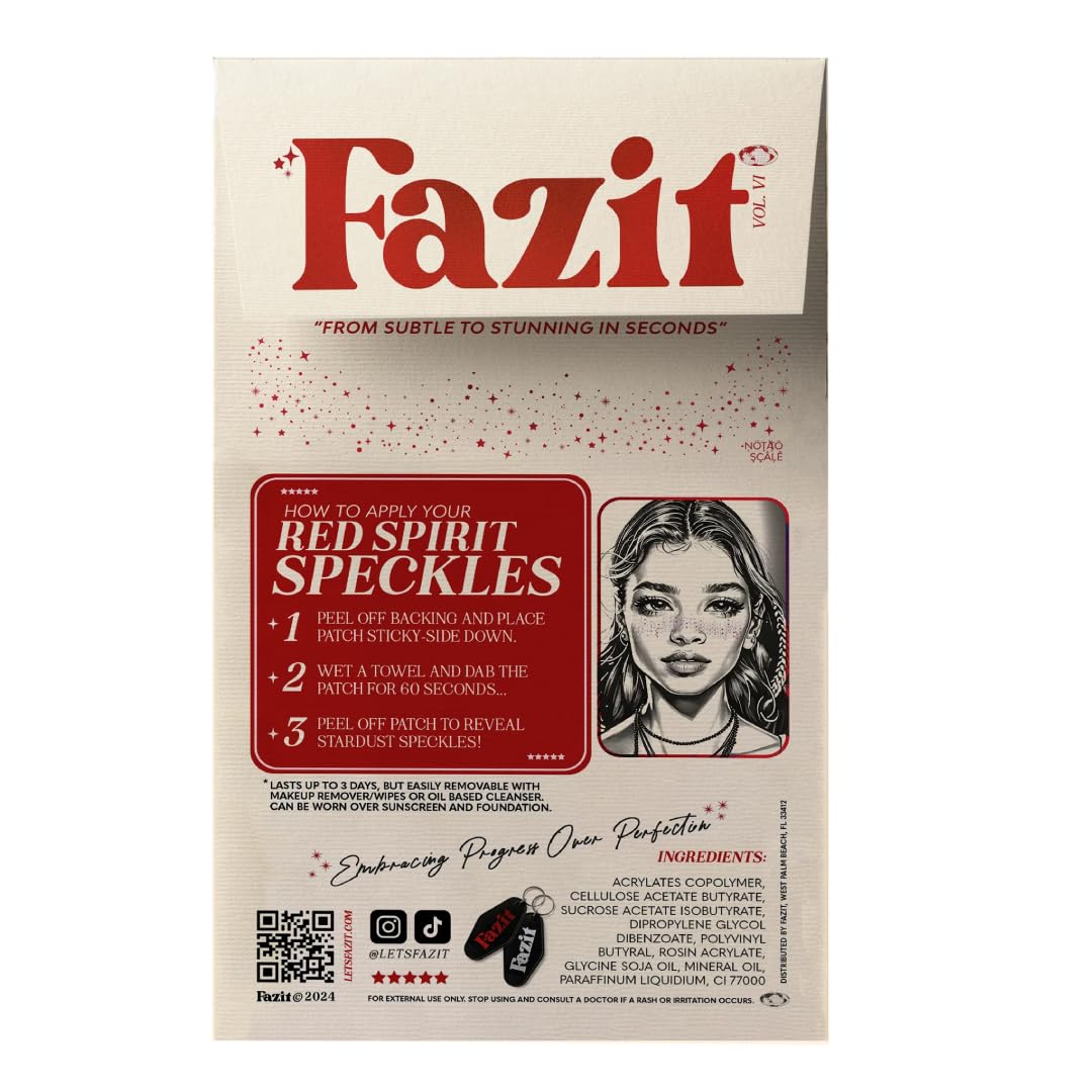 Close-up texture of Fazit speckles showing shimmering red-gold particles and neat adhesive edge