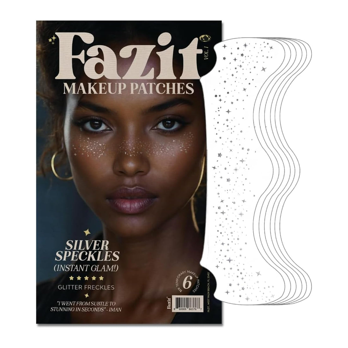 Fazit front packaging showing six glitter freckle patches and benefits