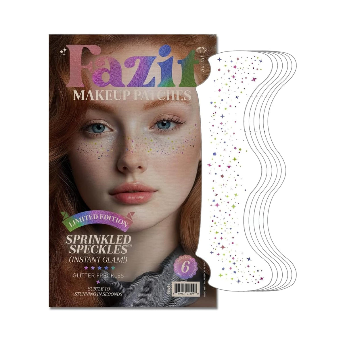 Fazit front packaging showing six glitter freckle patches and brand name, instant glam