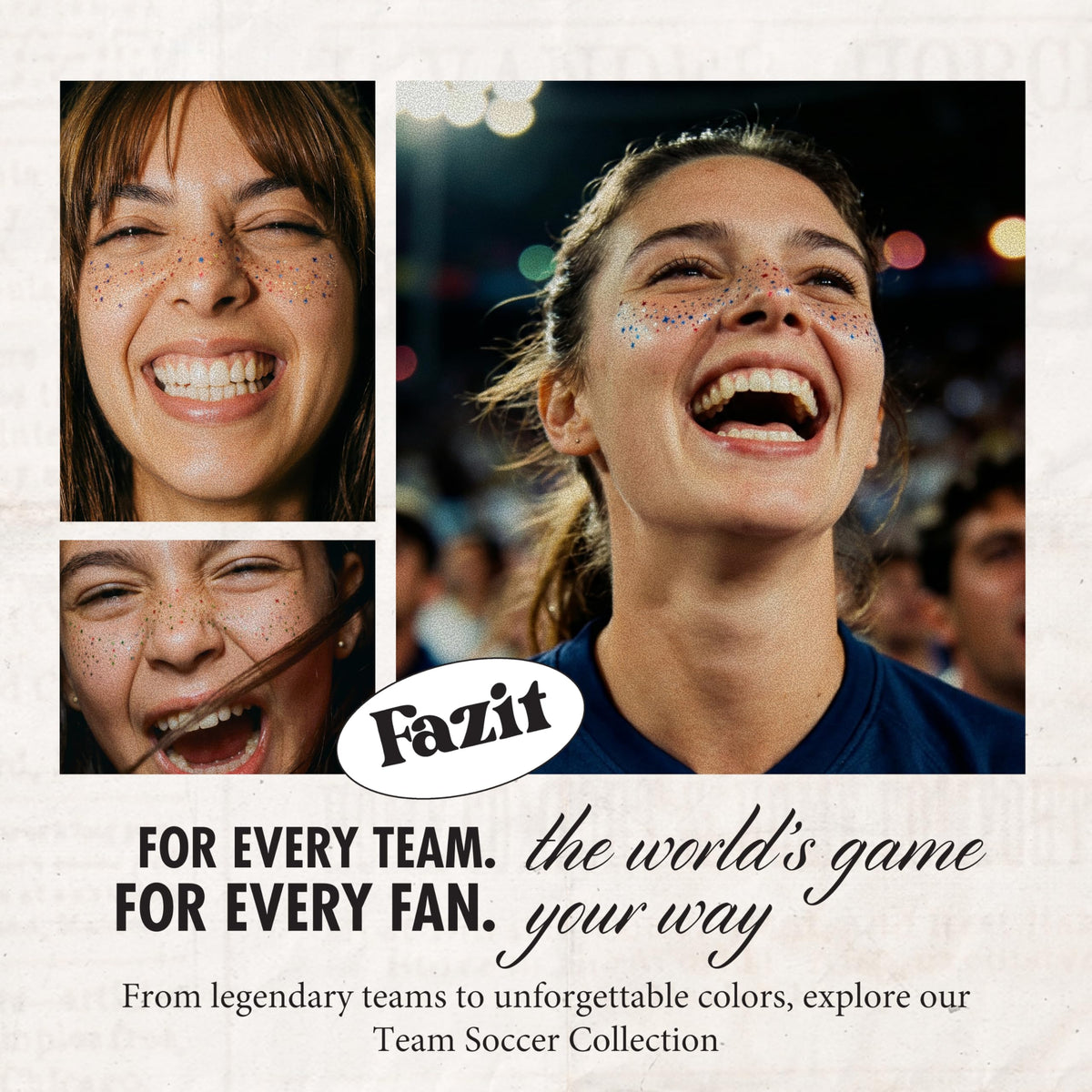Fazit watch party lifestyle scene showing group spirit and no-mess glitter looks