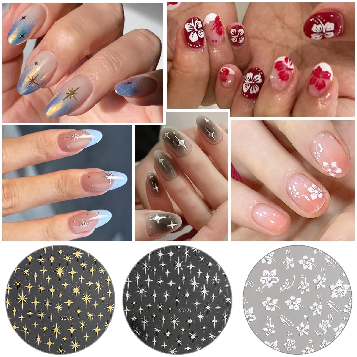 Fcozpjk nail art stickers detail with stars and flowers for easy decoration