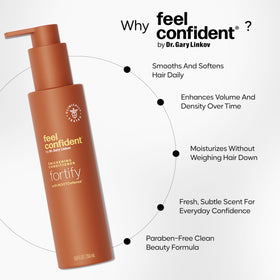 Feel Confident label highlighting surgeon-formulated haircare benefits