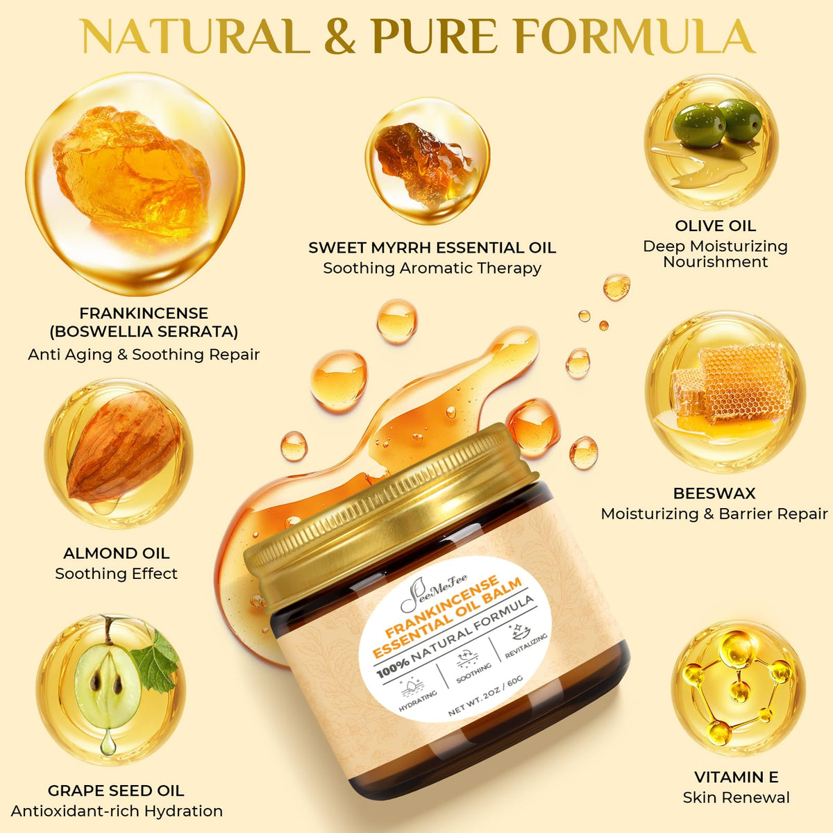 FeeMeFee ingredient display with oils and resins for nourishing benefit