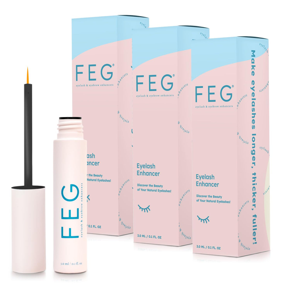 FEG front packaging showing three 3ml serum tubes and benefits