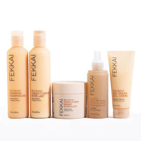 Shea butter and Monoi oil ingredients with Fekkai branding indicating nourishing benefits