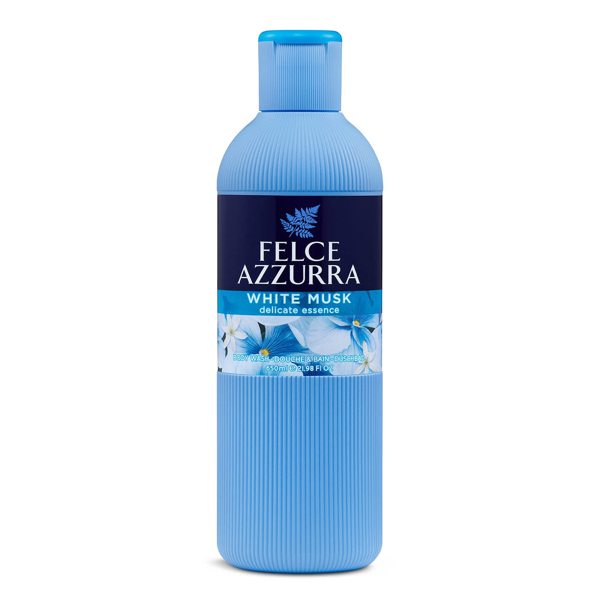 Felce Azzurra front bottle shot showing fresh white musk fragrance and clean packaging benefits