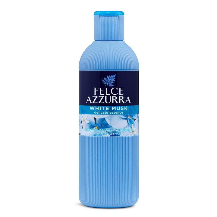 Felce Azzurra front bottle shot showing fresh white musk fragrance and clean packaging benefits