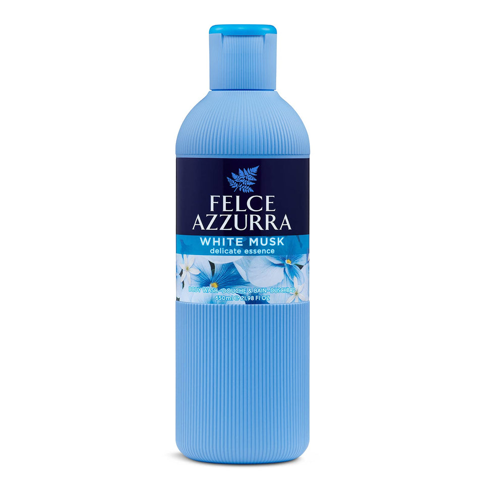 Felce Azzurra front bottle shot showing fresh white musk fragrance and clean packaging benefits