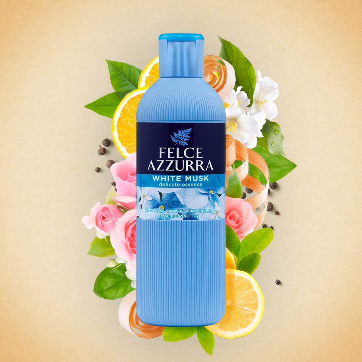 Felce Azzurra label and 22 oz bottle for scale showing size and ingredient transparency benefit