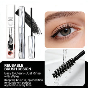 Felvaris model applying mascara in lifestyle setting showing long, curled lashes
